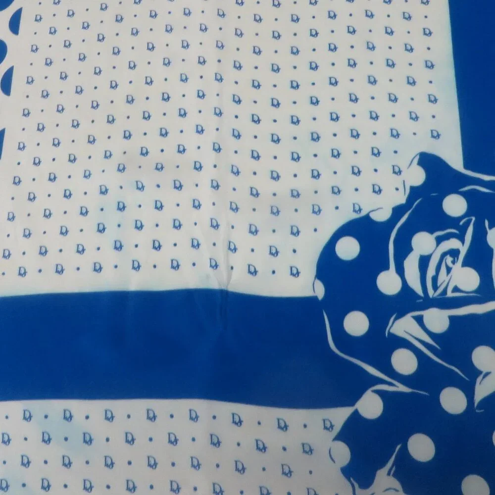 ❤️CHRISTIAN DIOR Blue White Polka Dot Logo Silk Scarf Shawl Wrap Plump Hem